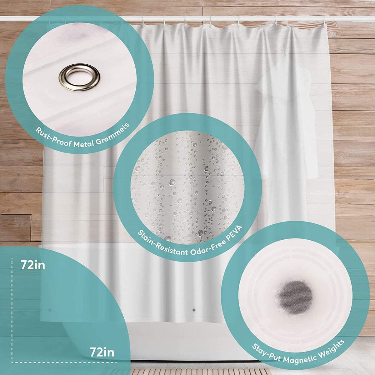 BigFoot Shower Curtain Liner – 72 x 72 PEVA Light Weight Shower Curtain with 12 Rustproof Metal