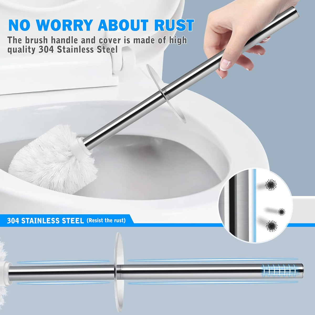 Toilet Brush and Holder, Toilet Brush with 304 Stainless Steel Long Handle, Toilet Bowl Brush for