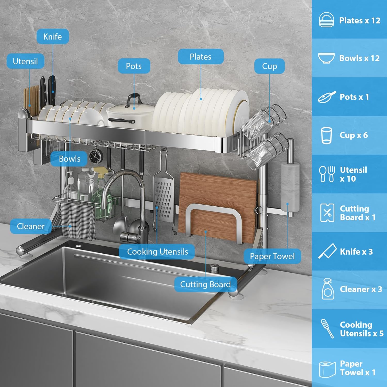 Over The Sink Dish Drainer Drying Rack, 2 Tier Adjustable Width (20.87'' to 37.6'') 304 Stainless