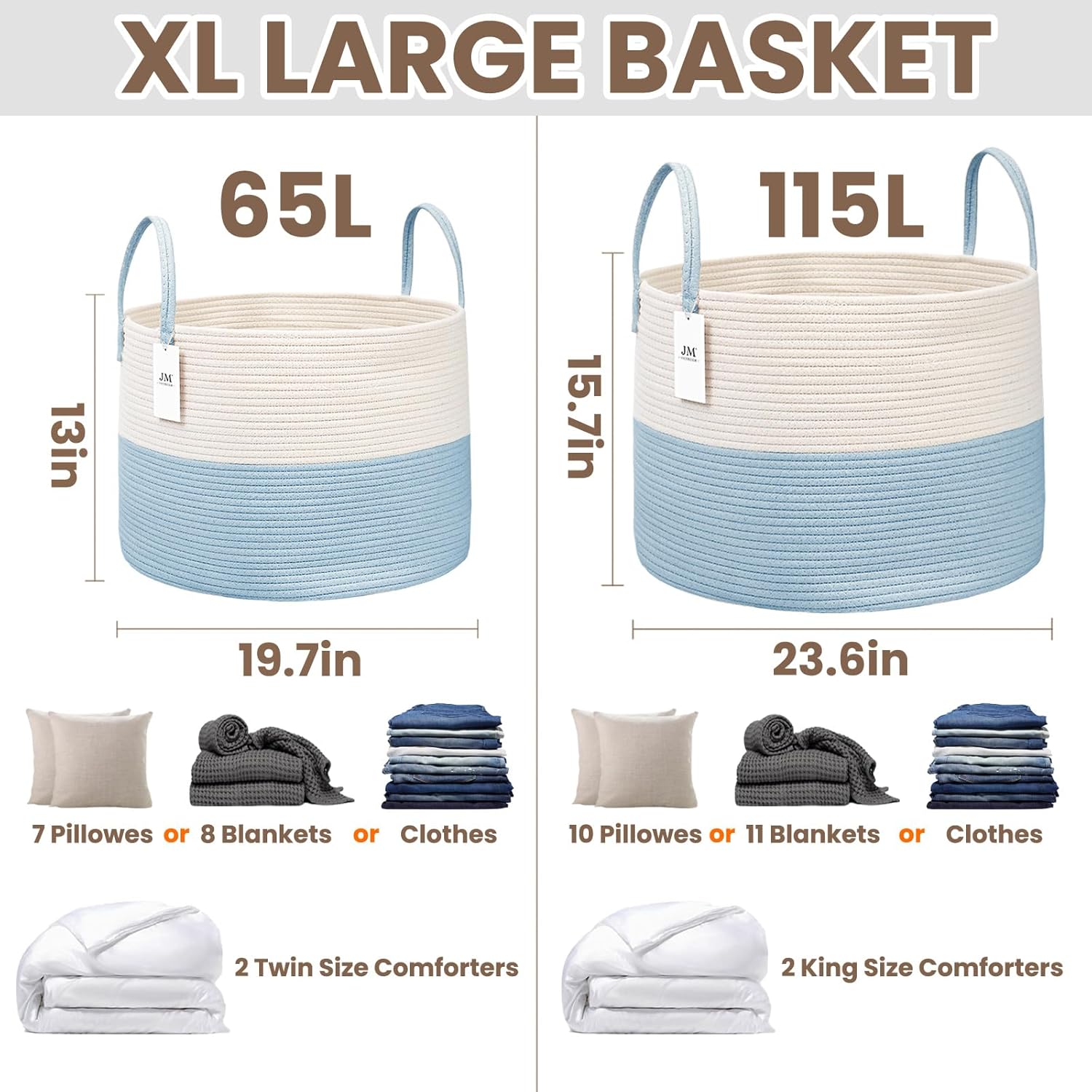 Woven Blanket Basket,65L Large Rope Storage Bin with Handles, Organizer for Blankets Toys Book and