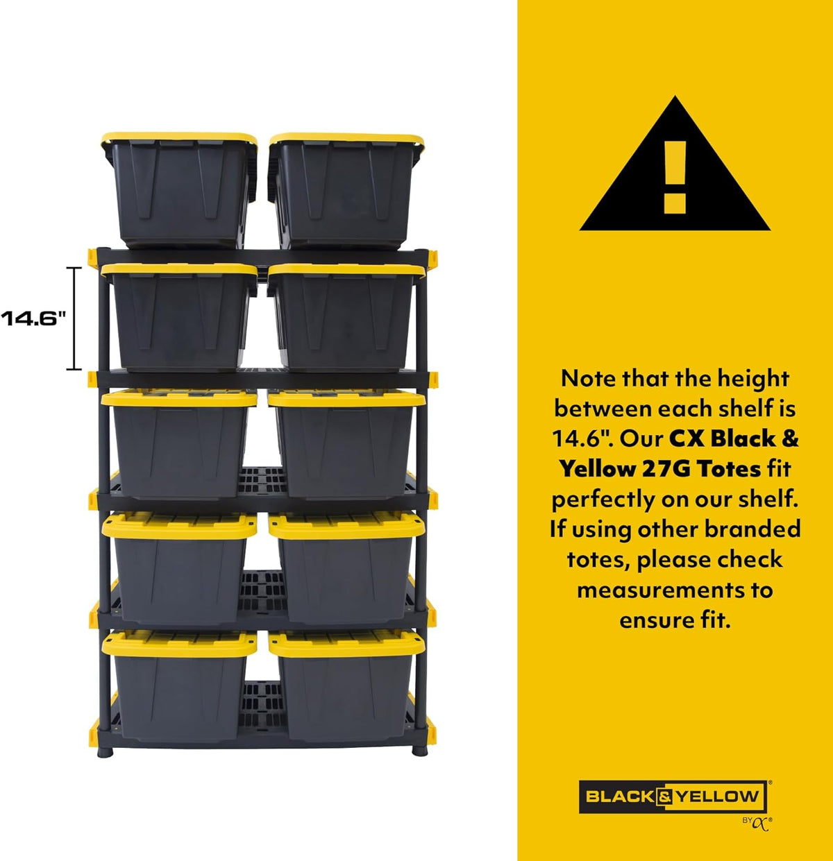 CX Black & Yellow®, 5-Tier Heavy Duty Plastic Storage Shelving Unit, 200lbs/shelf (72”H x 48”W x