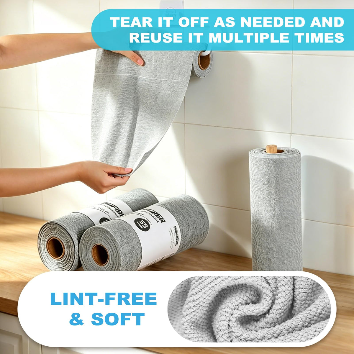 Puomue 55 Pack Microfiber Cleaning Cloth Roll, Tear Away Reusable Paper Towels, 11" X 9", Ultra