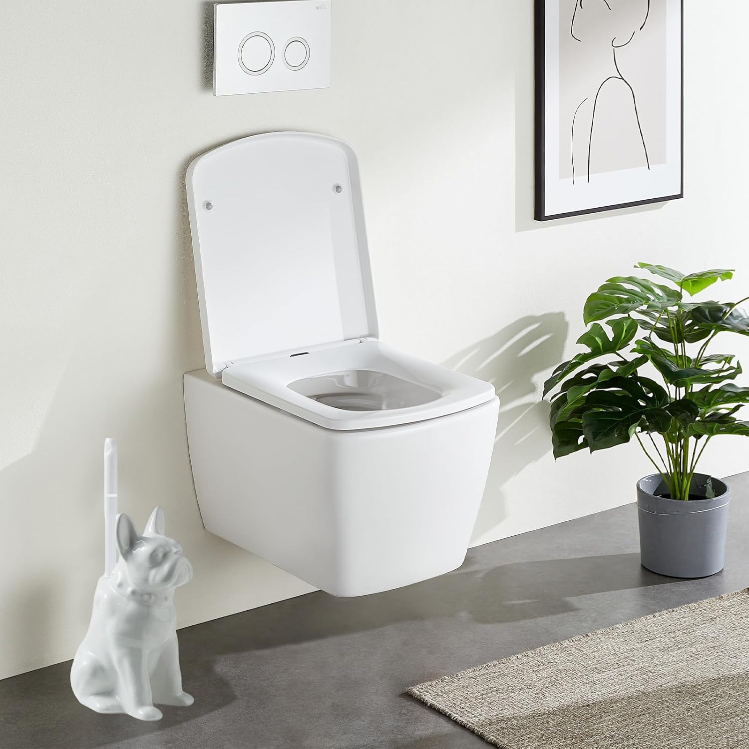 Comeon Ceramic Dog White/Black Toilet Brush and Holder Set, Plastic Handled Scrub Brush for