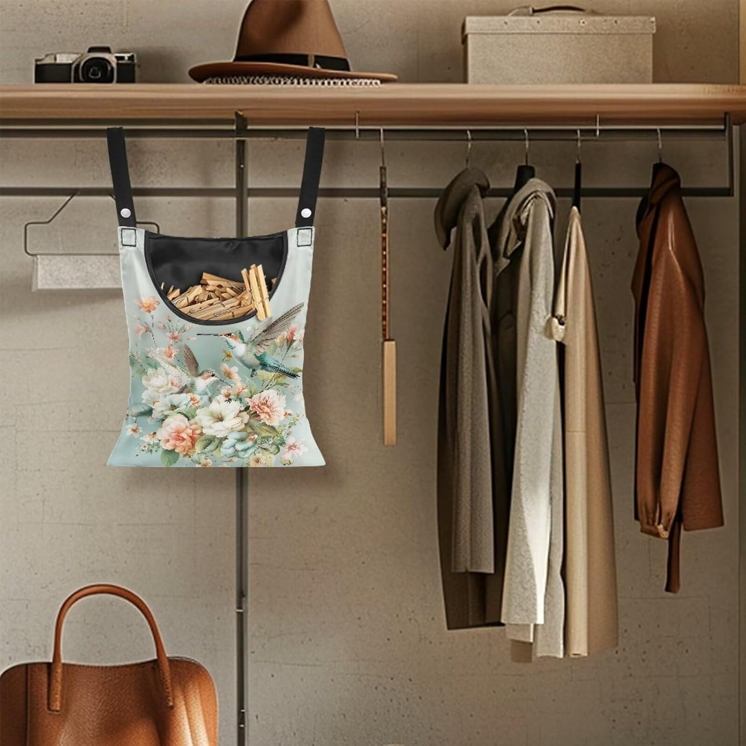 Hummingbird Floral Clothes Pin Bag to Hang On Line Reusable Clothespin Holder Laundry Room