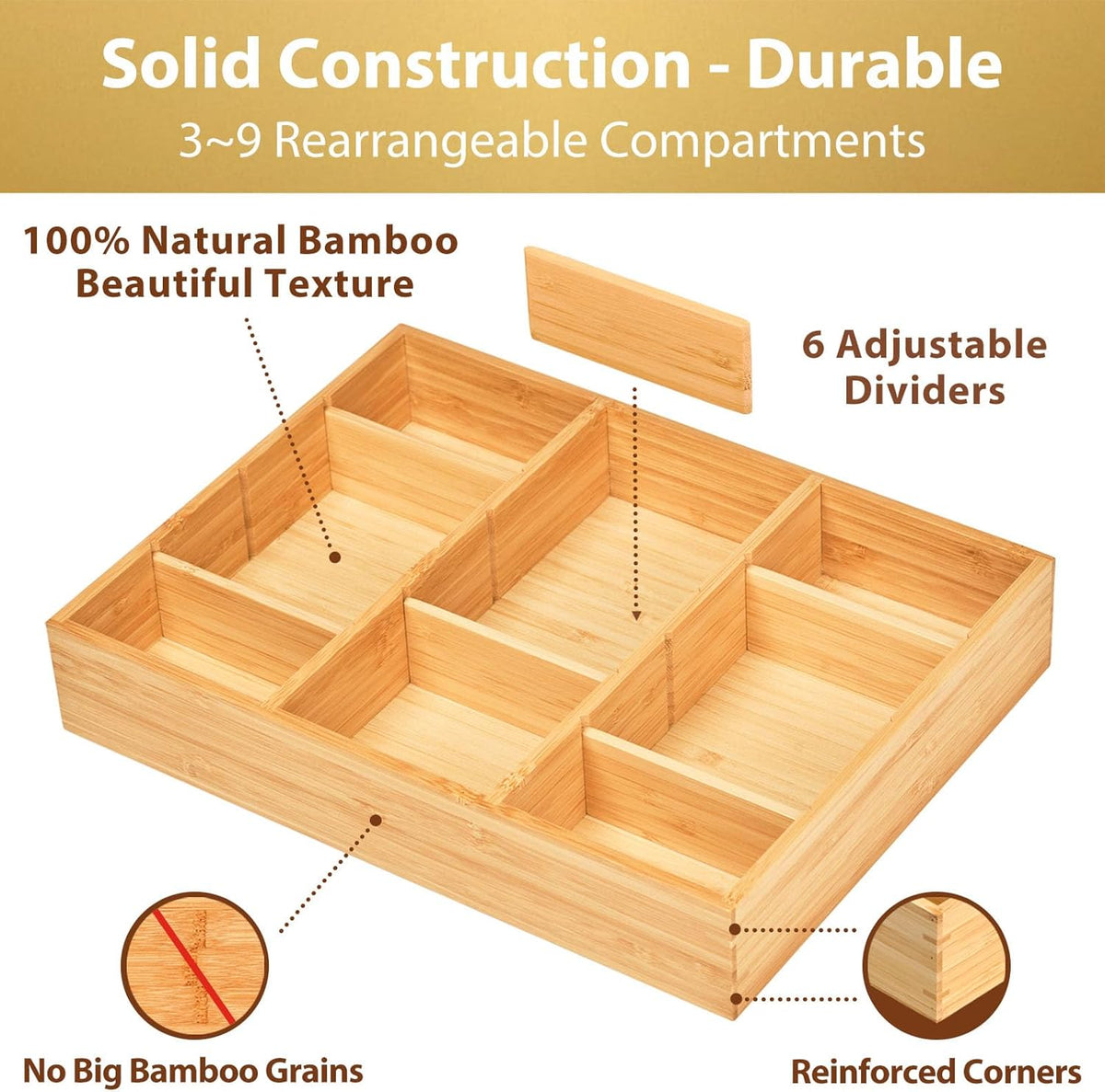 Umilife Desk Drawer Organizer, Bamboo Wood Organizer Tray with Adjustable Compartments, Office Desk