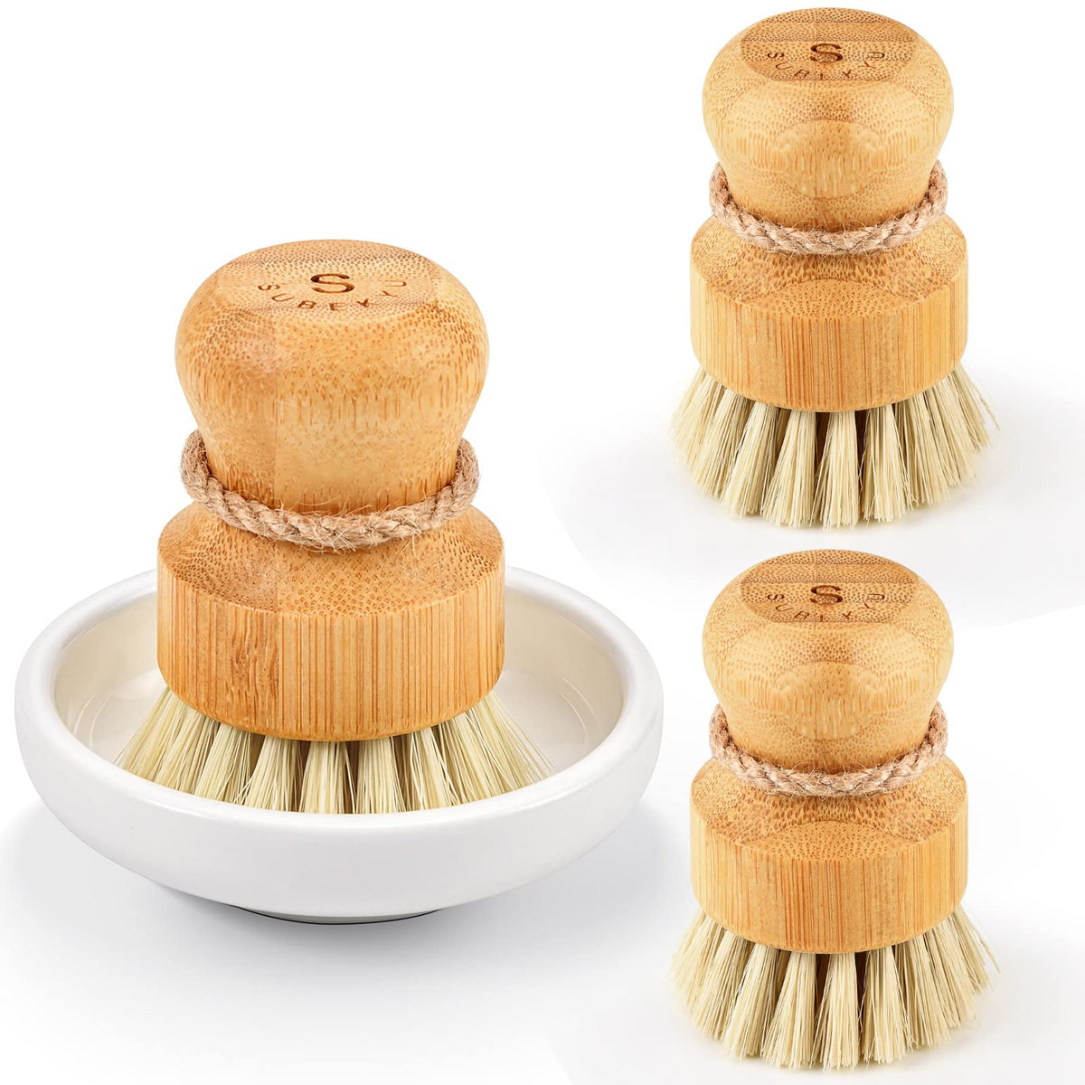 SUBEKYU Bamboo Dish Scrub Brush,Produce Brush,3 Pack with Ceramic Holder