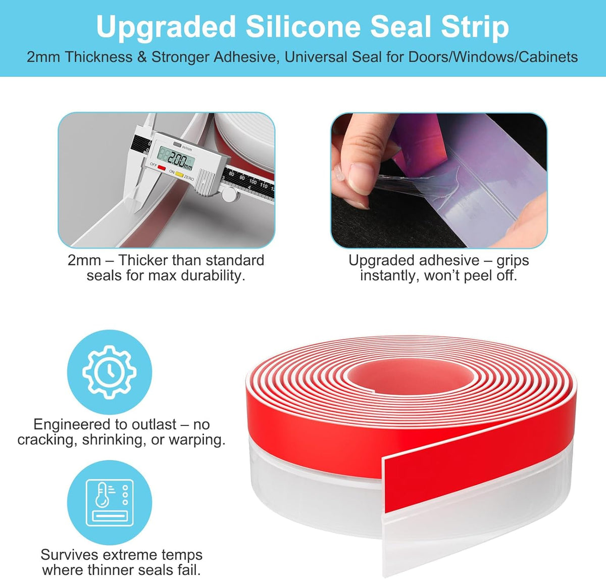 Heavy-Duty 20 ft x 2 in Weather Stripping, Extra Thick 2mm Door Draft Stopper Silicone Seal Strip