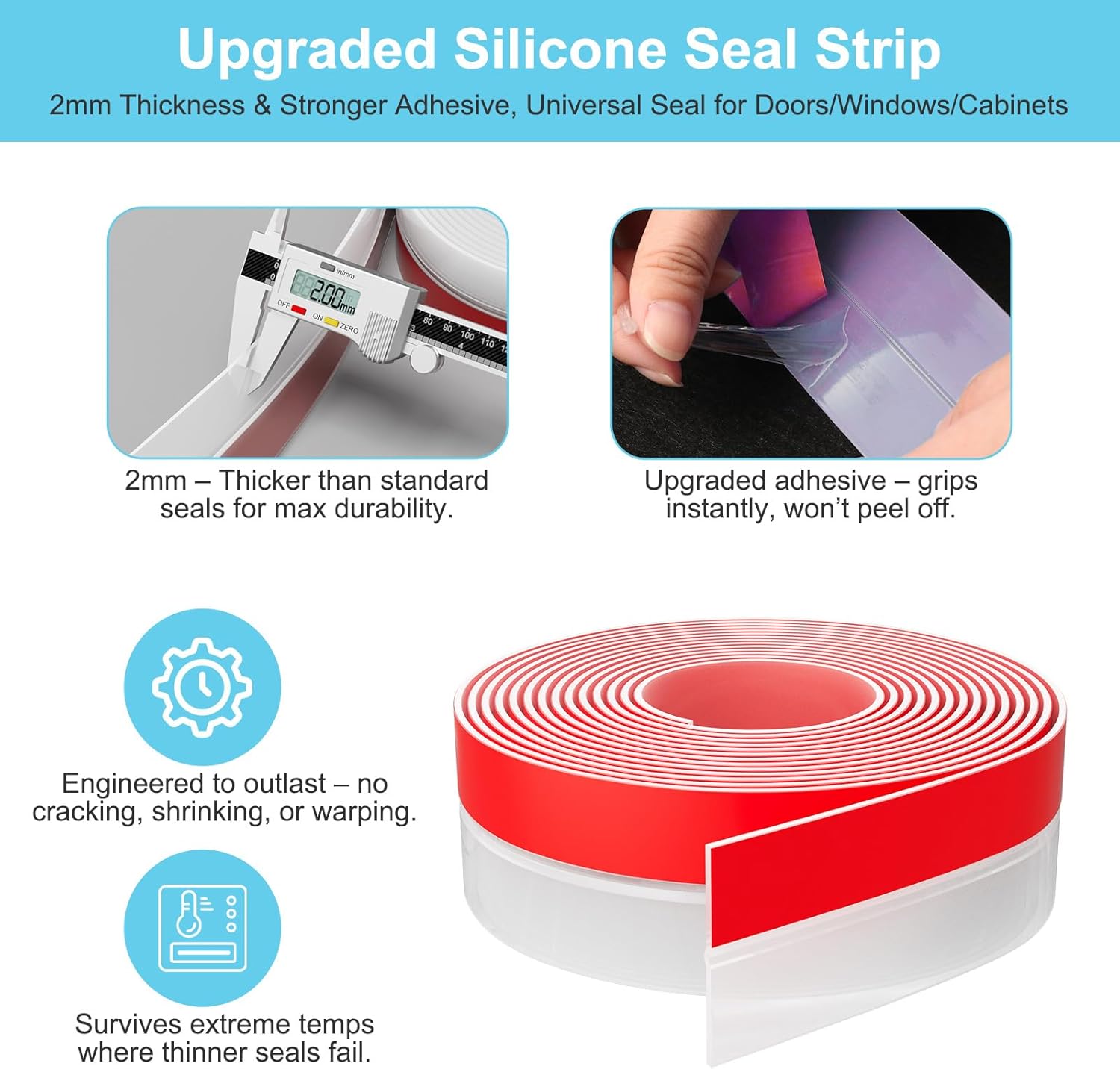 Heavy-Duty 36 ft x 2 in Weather Stripping, Extra Thick 2mm Door Draft Stopper Silicone Seal Strip