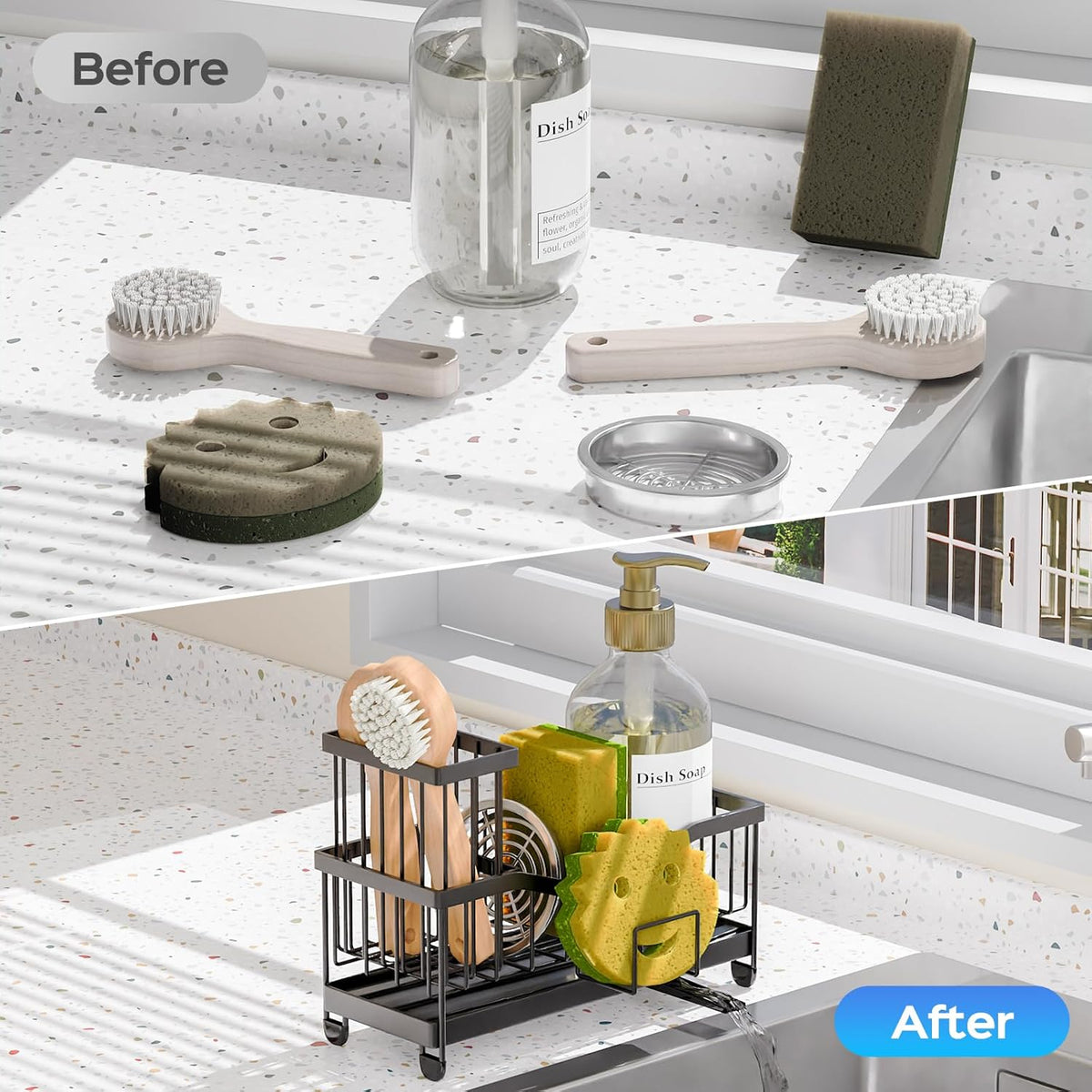 Maifan Kitchen Sink Caddy Organzier Sponge Holder for Kitchen Sink with High Brush Holder
