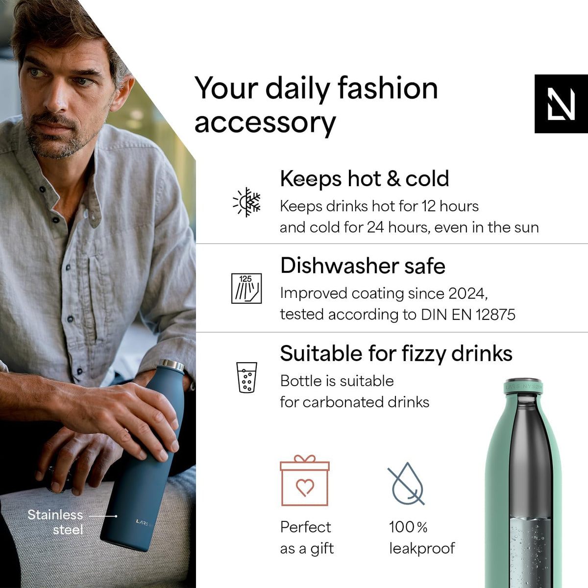 LARS NYSØM Stainless Steel Insulated XL Water Bottle 12oz 17oz 25oz 34oz 51oz | Insulated Thermo