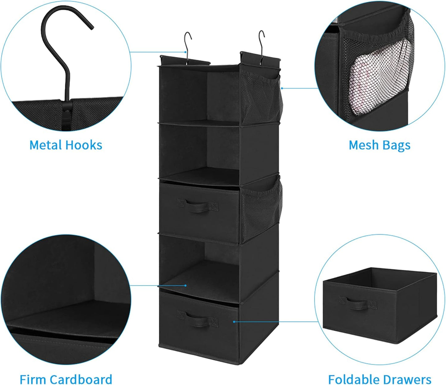 MAX Houser 5 Tier Shelf Hanging Closet Organizer, Cloth Hanging Shelf with 2 Sturdy Hooks for