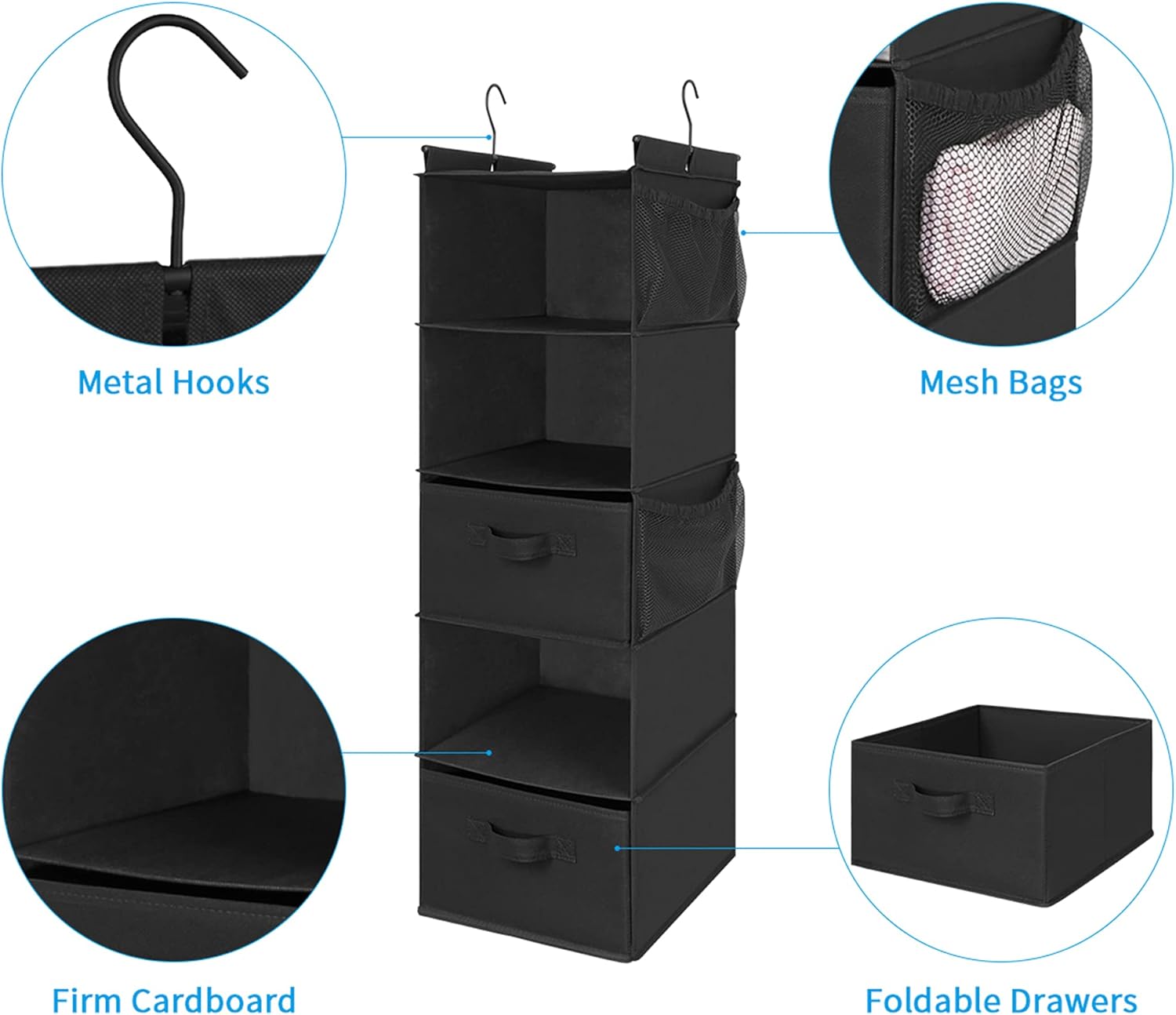 MAX Houser 5 Tier Shelf Hanging Closet Organizer, Cloth Hanging Shelf with 2 Sturdy Hooks for