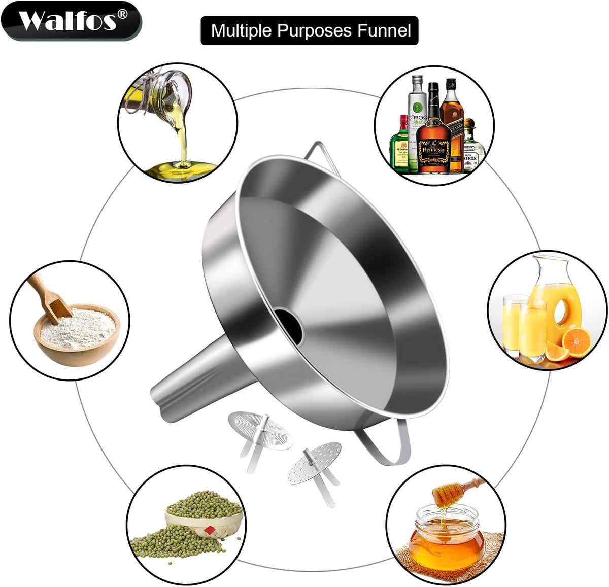 Walfos Extra Large Stainless Steel Funnel with Venting Slot, Kitchen Funnel with 2 Removable