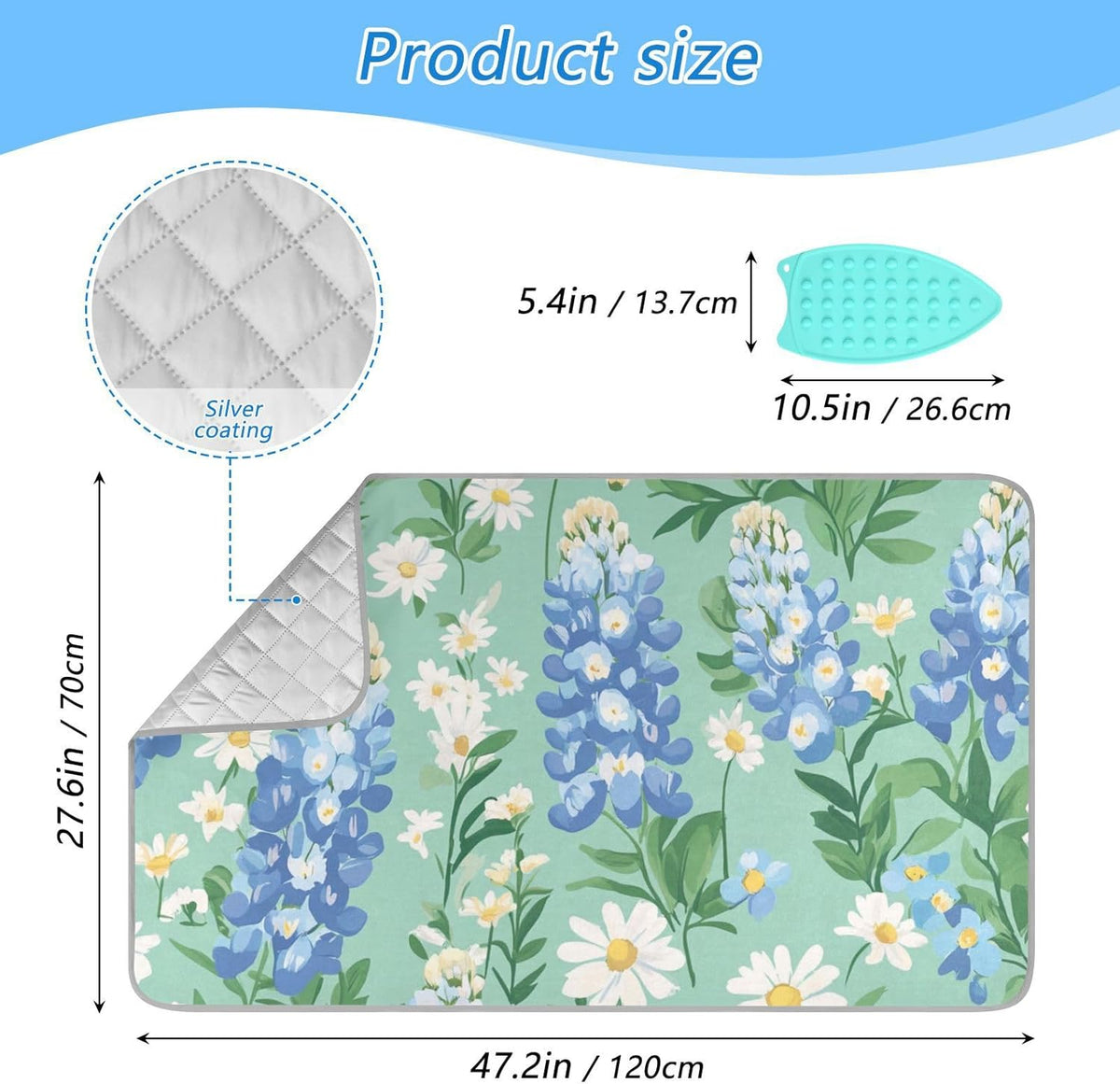 Mint Green Bluebonnet and Daisies Ironing Mat for Table top Portable Ironing Pad Blanket for Washer
