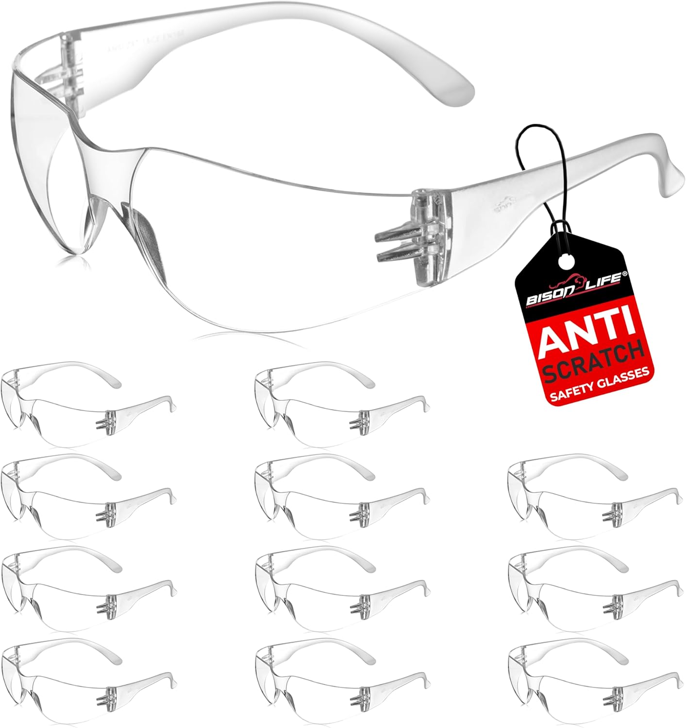 BISON LIFE Safety Glasses - Scratch Resistant Wrap Around Eyewear, Polycarbonate ANSI Z87.1 Impact
