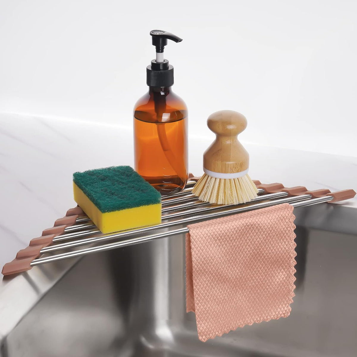 Tomorotec Triangle Roll-Up Dish Drying Rack for Sink Corner Small Foldable Stainless Steel Over The