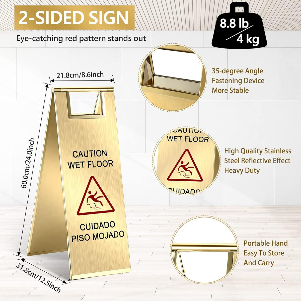 Kigley 2 Pcs Wet Floor Sign, 24 Inch Stainless Steel Caution Wet Floor Sign Double Sided Portable