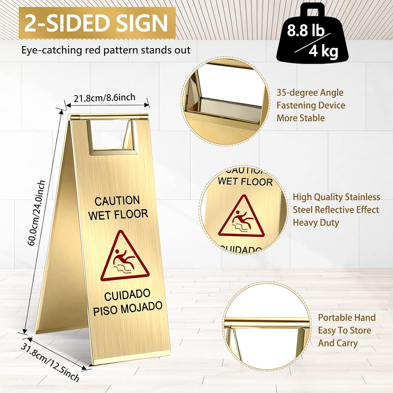 Kigley 2 Pcs Wet Floor Sign, 24 Inch Stainless Steel Caution Wet Floor Sign Double Sided Portable