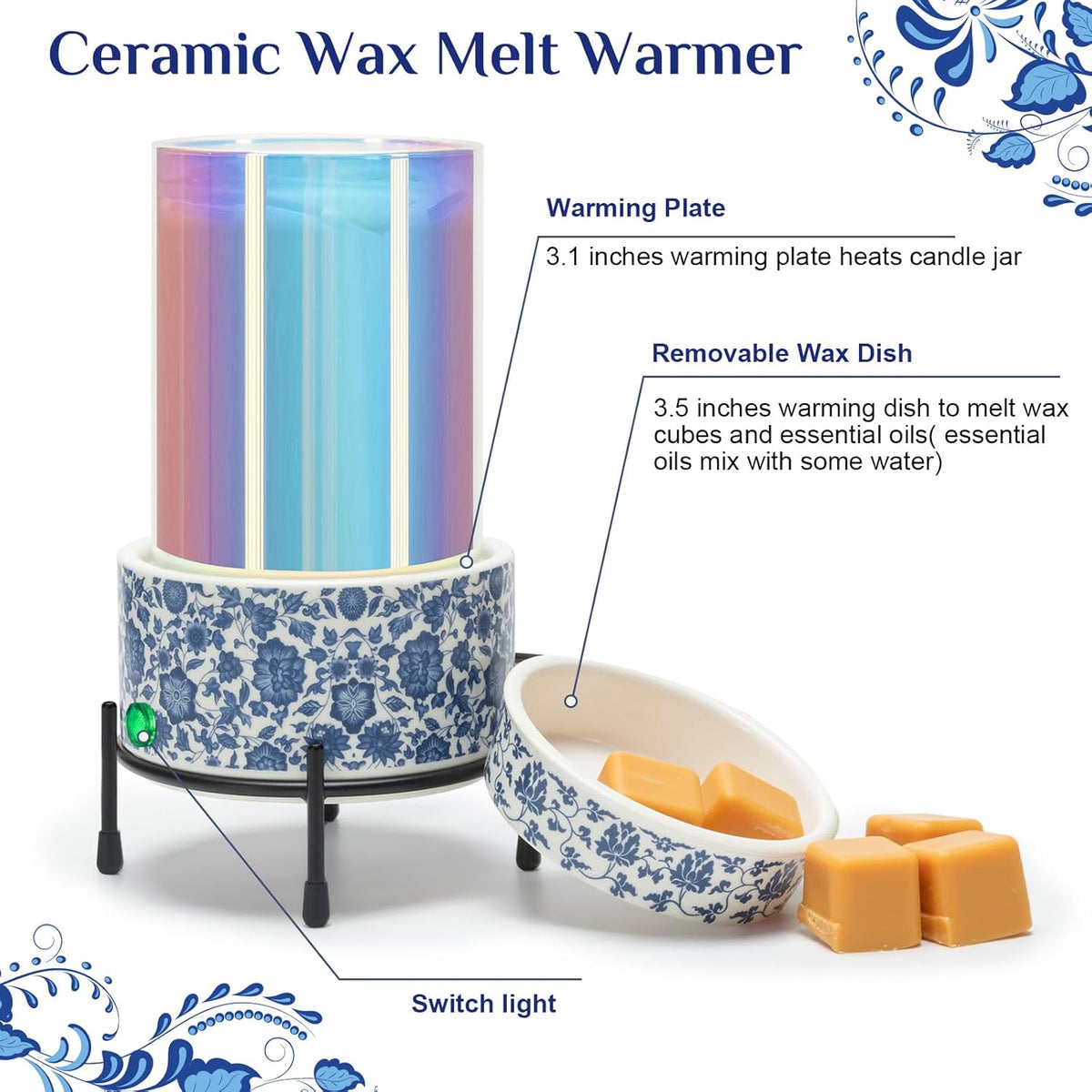 Blue & White Porcelain Pattern Wax Melt Warmer,Ceramic 3-in-1 Electric Candle Wax Warmer for