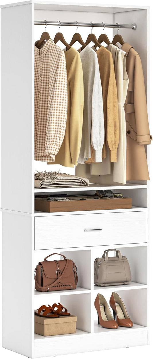 Unikito Freestanding Closet System with Wood Drawer and 4 Cubby Storage, Closet Organizer with