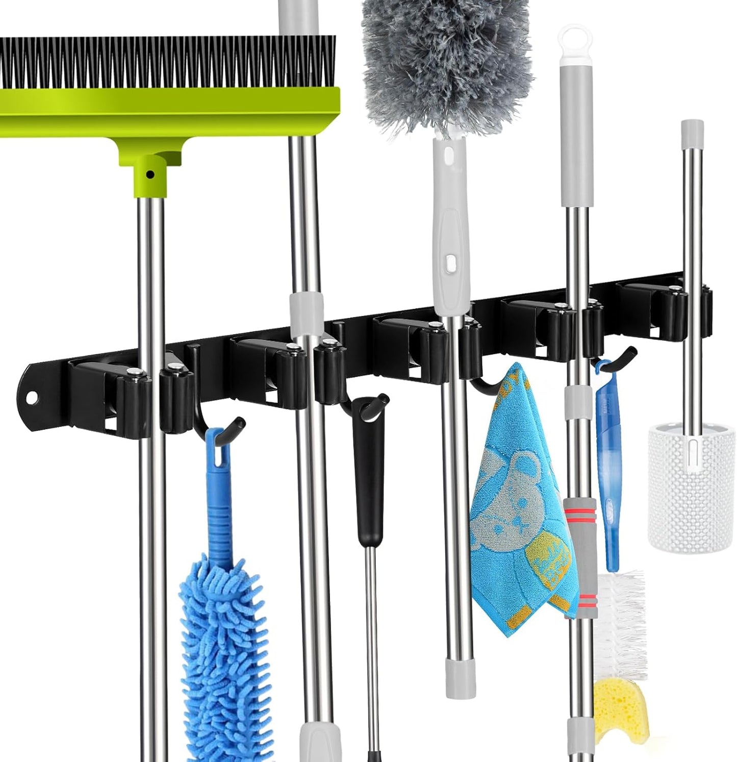 voze 5 Racks and 4 Hooks Mop and Broom Holder Wall Mount, Self Adhesive Heavy Duty Broom Hanger