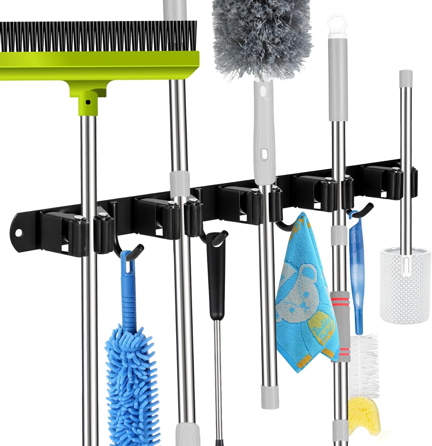 voze 5 Racks and 4 Hooks Mop and Broom Holder Wall Mount, Self Adhesive Heavy Duty Broom Hanger