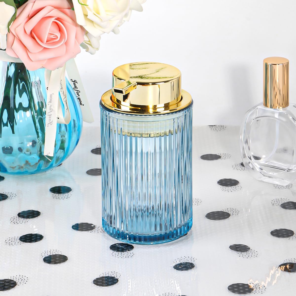 Blue Foaming Soap Dispenser, 12 Oz Glass Foaming Hand Soap Dispenser with Gold Pump, Bathroom