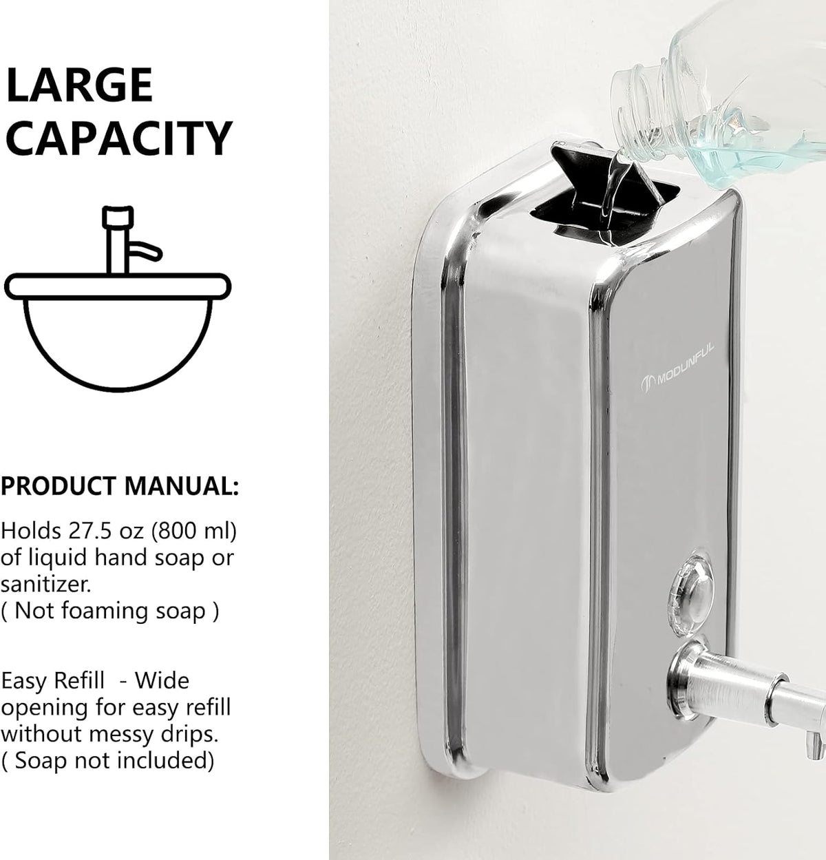 modunful Stainless Steel Soap Dispenser – 27oz Wall Mounted for Family Use, Brushed Nickel