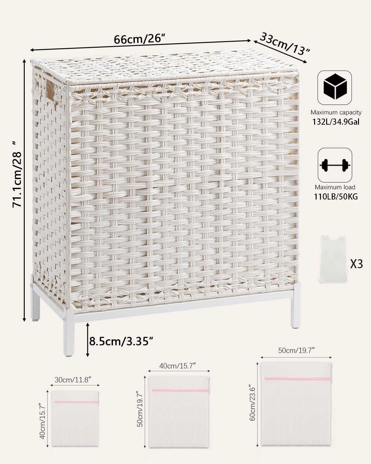 Laundry Hamper with Lid 132 L, (35 Gallons) Clothes Hamper with Lid, Handwoven Rattan Laundry