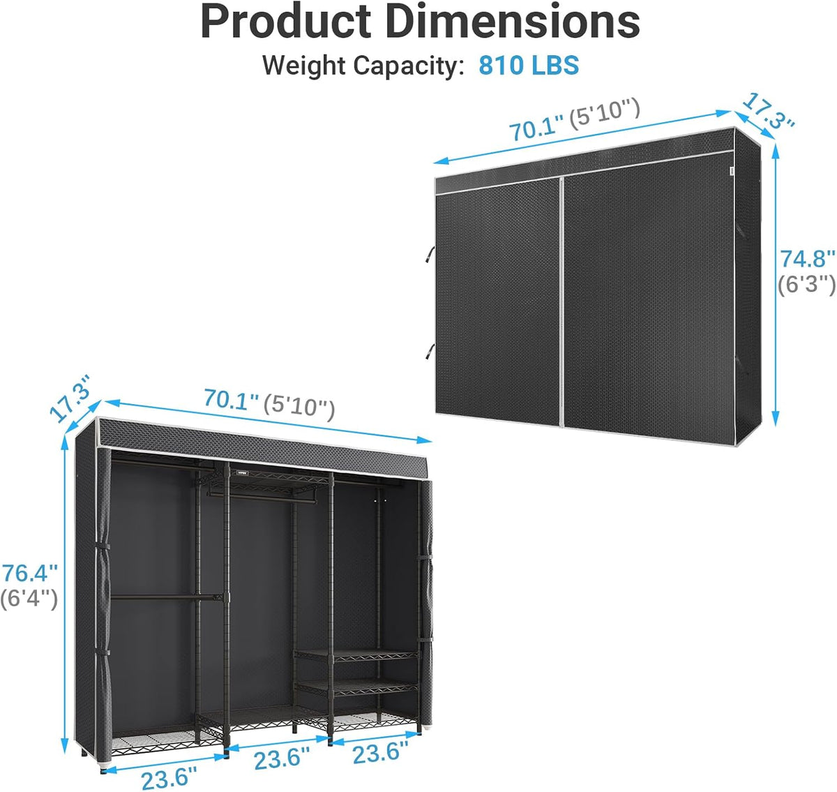 VIPEK V5C Heavy Duty Covered Clothes Rack Portable Closet Rack, Black Metal Clothing Rack with