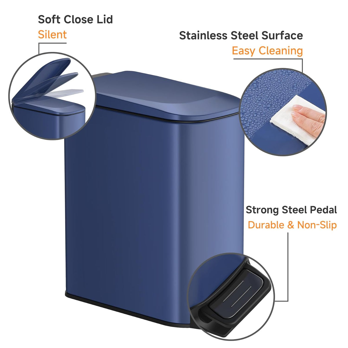 TIPGO Slim Bathroom Trash Can with Lid Soft Close, Step Pedal, 6 Liter / 1.6 Gallon Stainless Steel