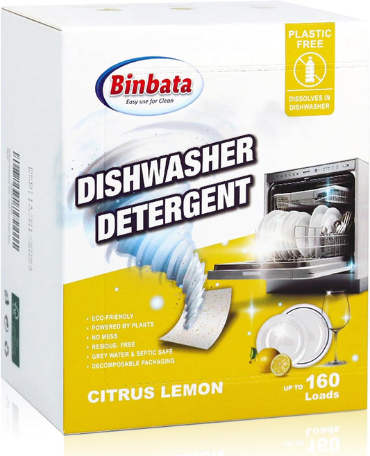 Eco Dishwasher Detergent Sheets Up To 160 Loads, Citrus Lemon Scent Plastic Free Dishwashing Soap