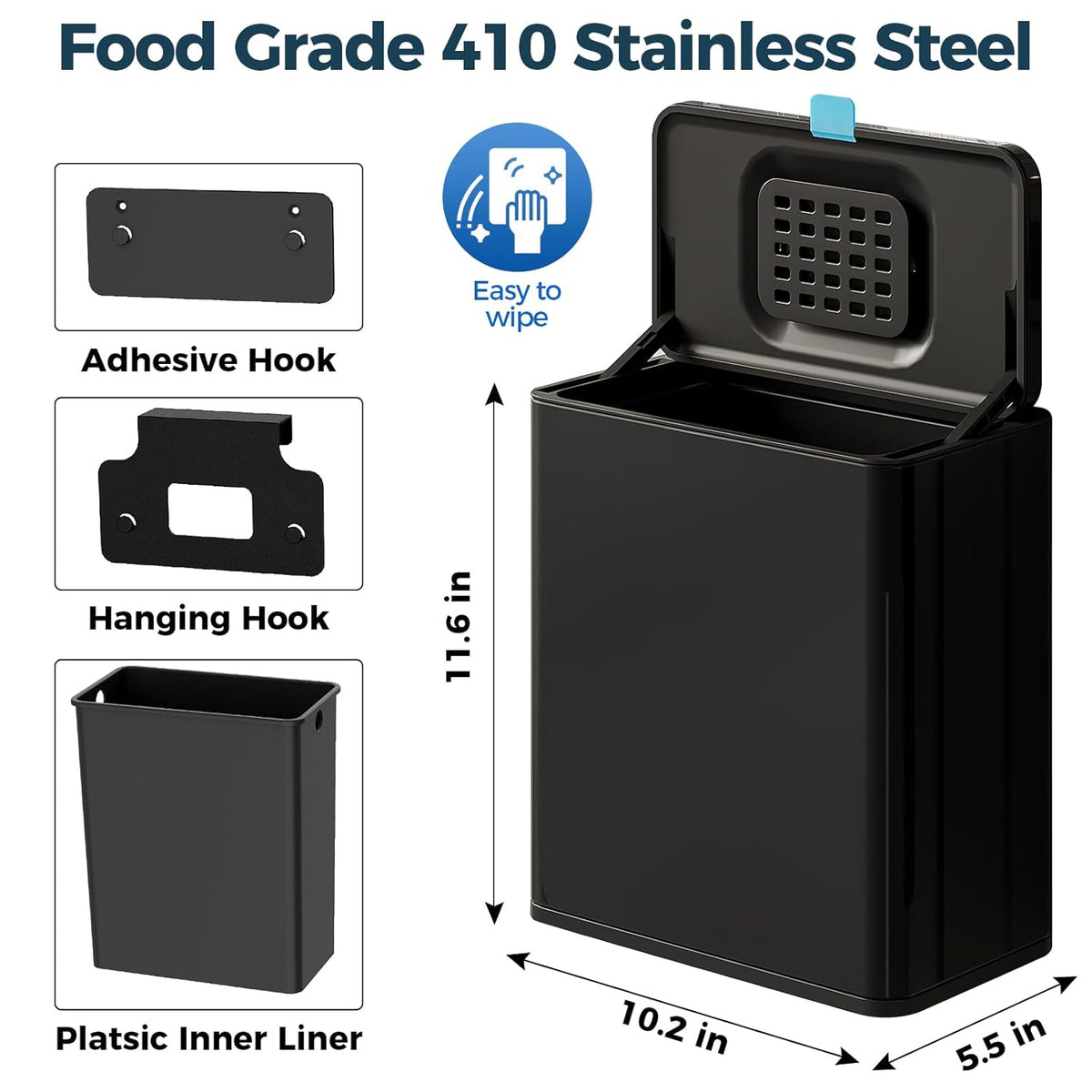 Stainless Steel Hanging Trash Can with Lid and Inner Bucket, 2 Gallon Kitchen Compost Bin for