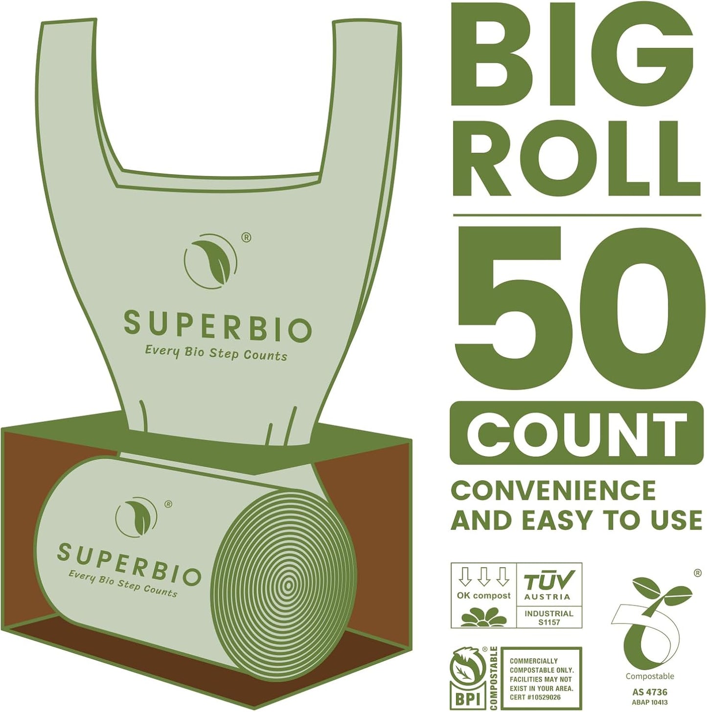 SUPERBIO 1.6 Gallon Handle Tie Compostable Food Scrap Bags For Counter Top Compost Bin, Small