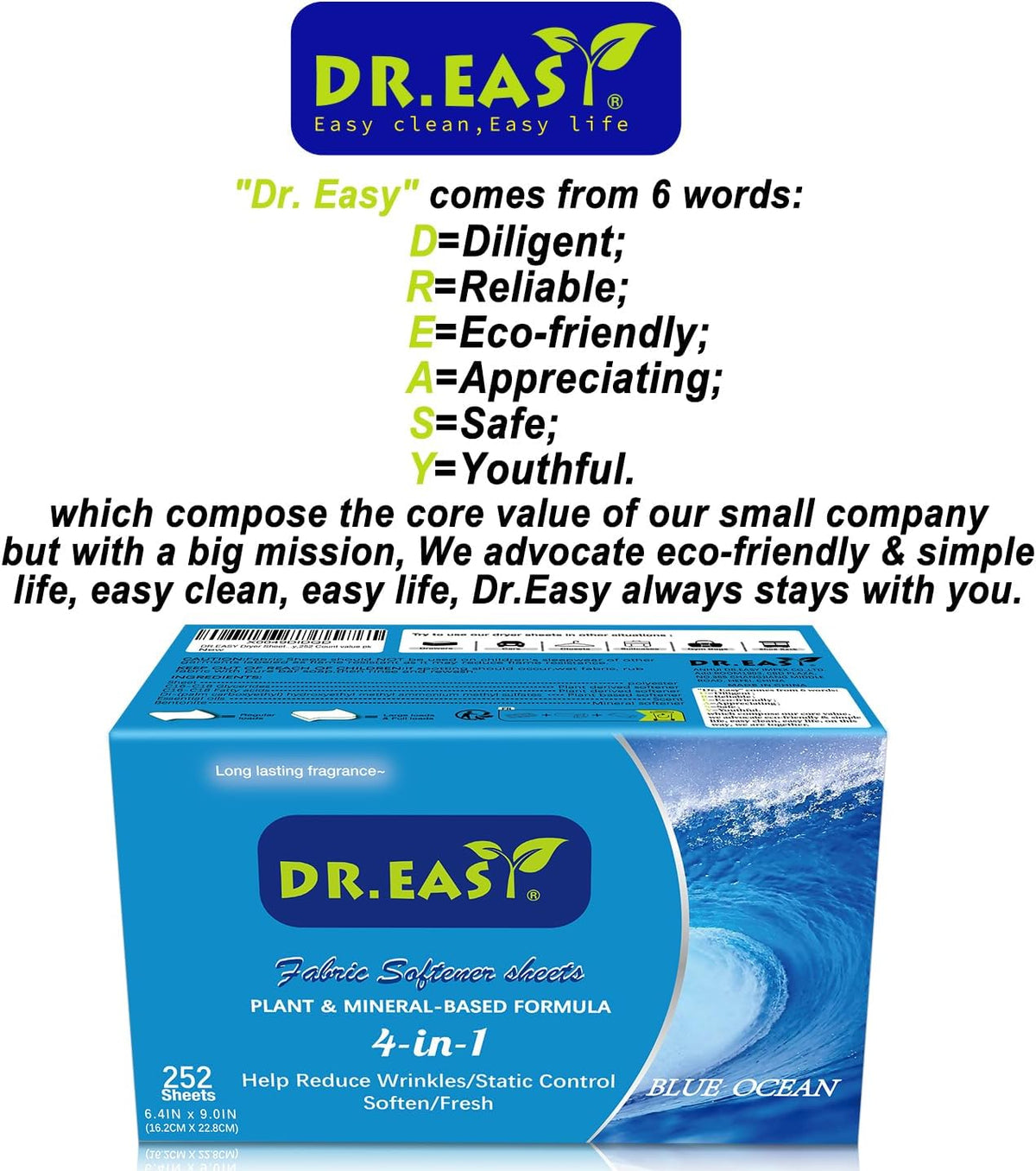 DR.EASY Dryer Sheets Plant Based Formula 252 Ct BLUE OCEAN,Softener sheets for Laundry Unscented No