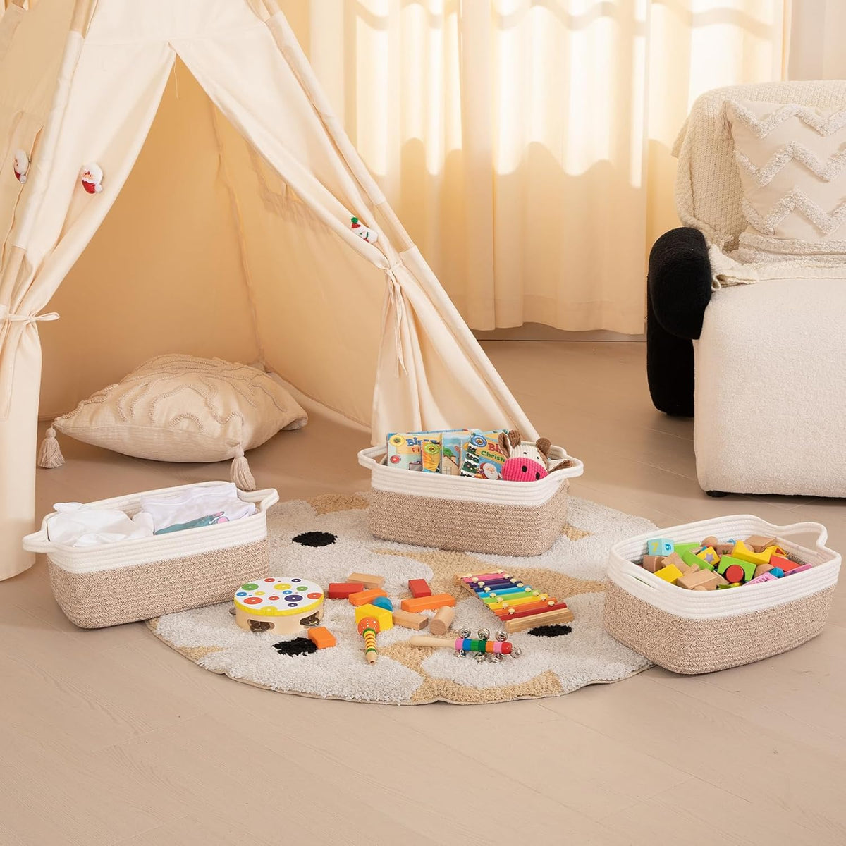 OIAHOMY 3 Pack Storage Baskets for Organizing, Woven Cotton Rope Basket for Shelves, Closet