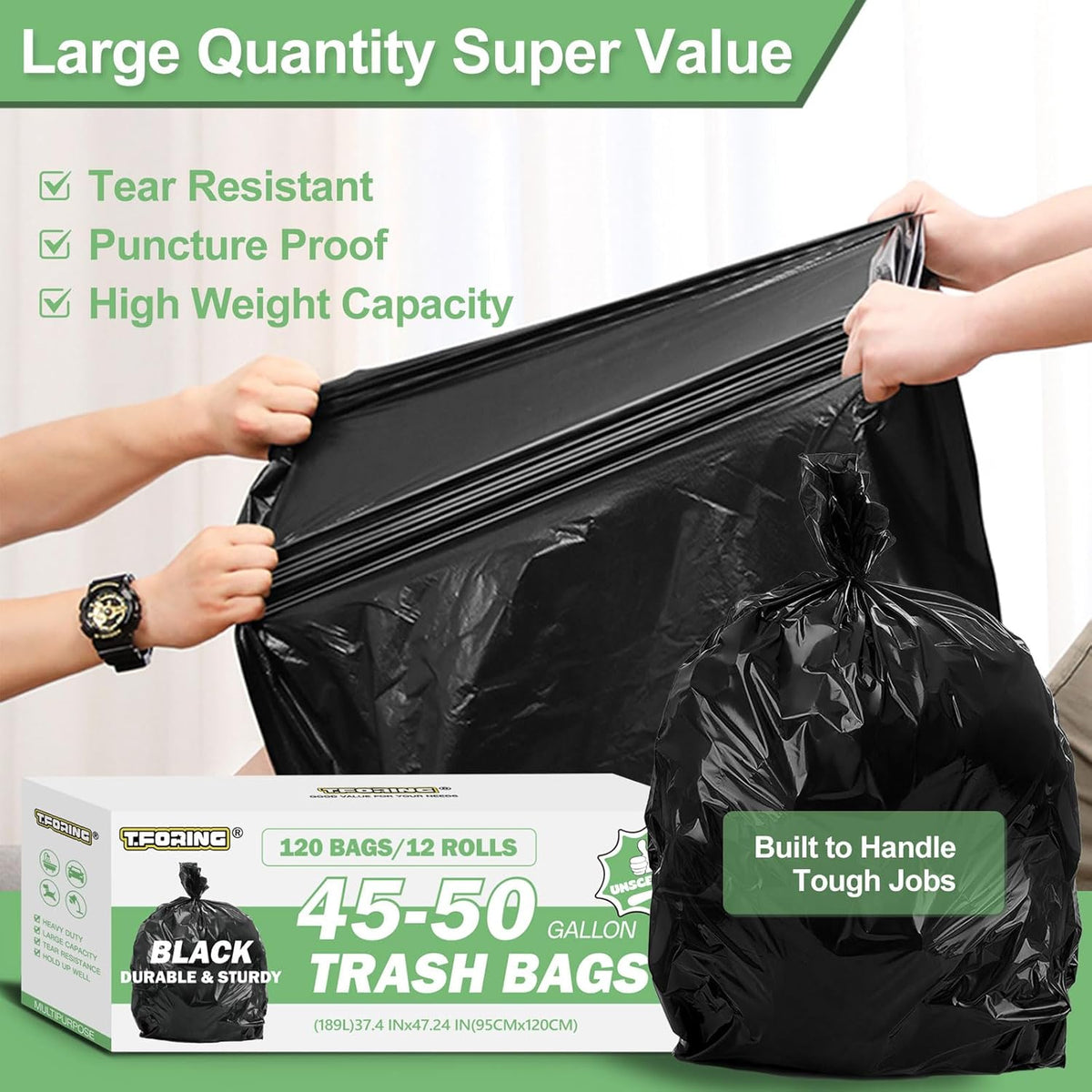 45-50 Gallon Black Trash Bags 120 Count - 38''x47'' Large Garbage Bags Unscented, 40+ Gallon Trash