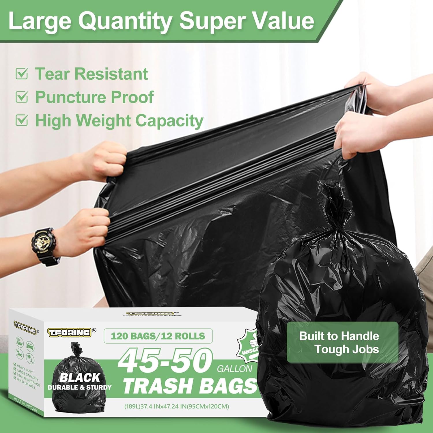 45-50 Gallon Black Trash Bags 120 Count - 38''x47'' Large Garbage Bags Unscented, 40+ Gallon Trash
