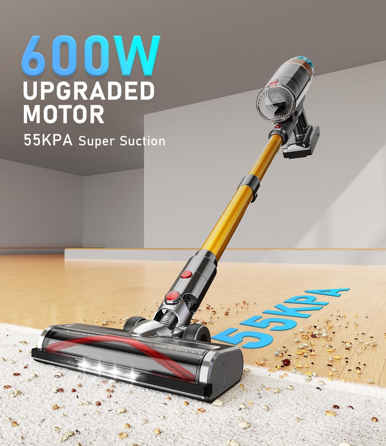 Cordless Vacuum Cleaner for Home 600W 55Kpa Upgraded Powerful Stick Vacuum Up to 60Mins