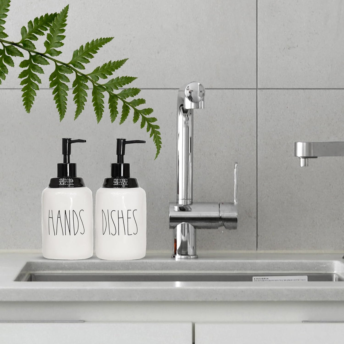 Modern Farmhouse Ceramic Dishes and Hands Soap Dispenser Set for Kitchen | Stainless Steel Pumps |