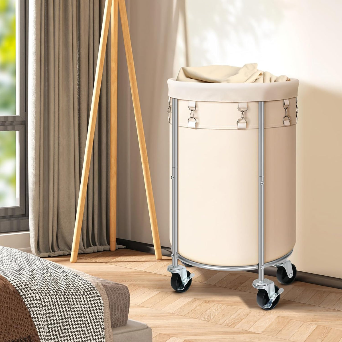 Laundry Hamper with Wheels, 100L Round Rolling Laundry Basket Sorter with Removable Bag, Clothes