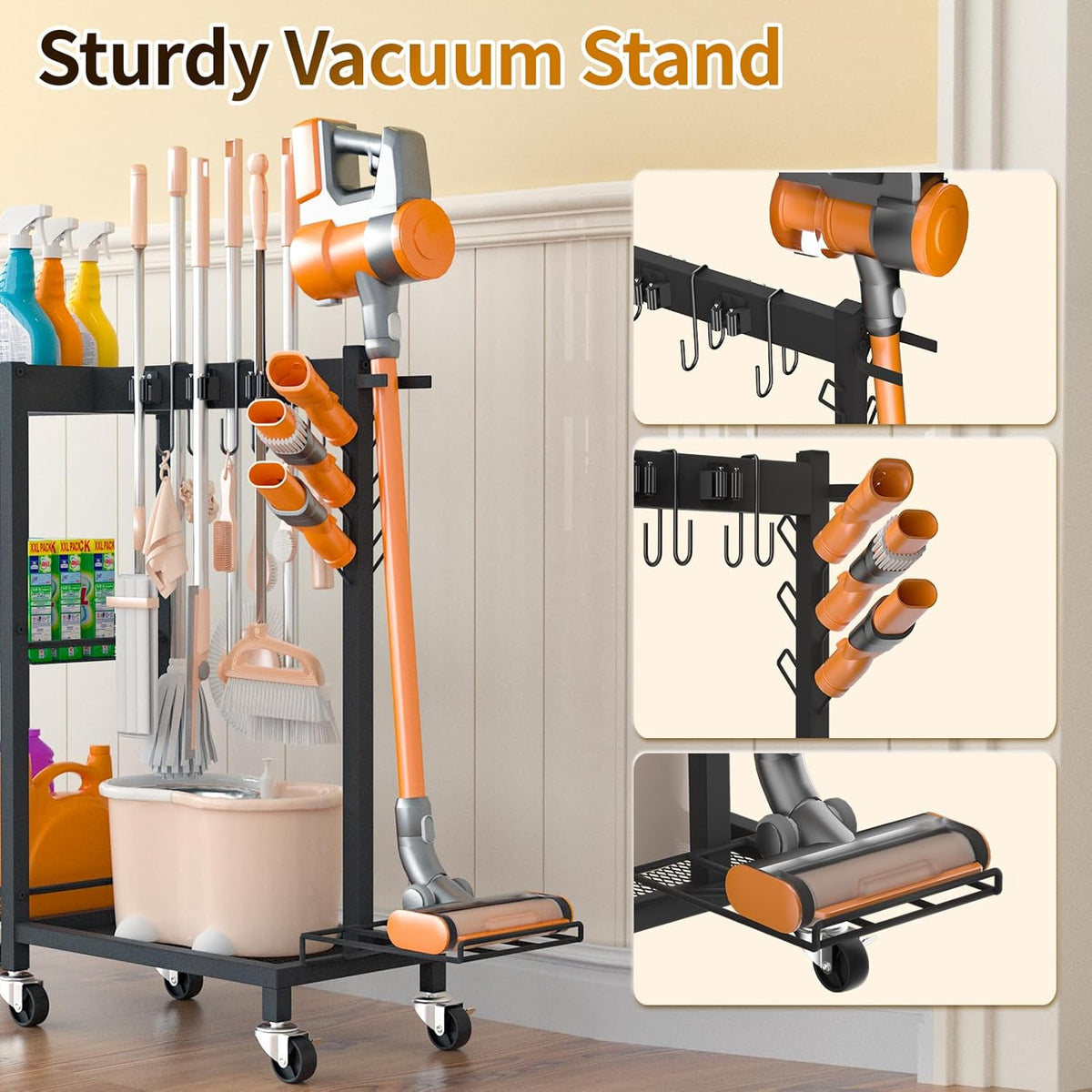 Cleaning Supplies Organizer with Broom Holder Load 350 LBS Cleaning Cart with Wheels Broom Closet