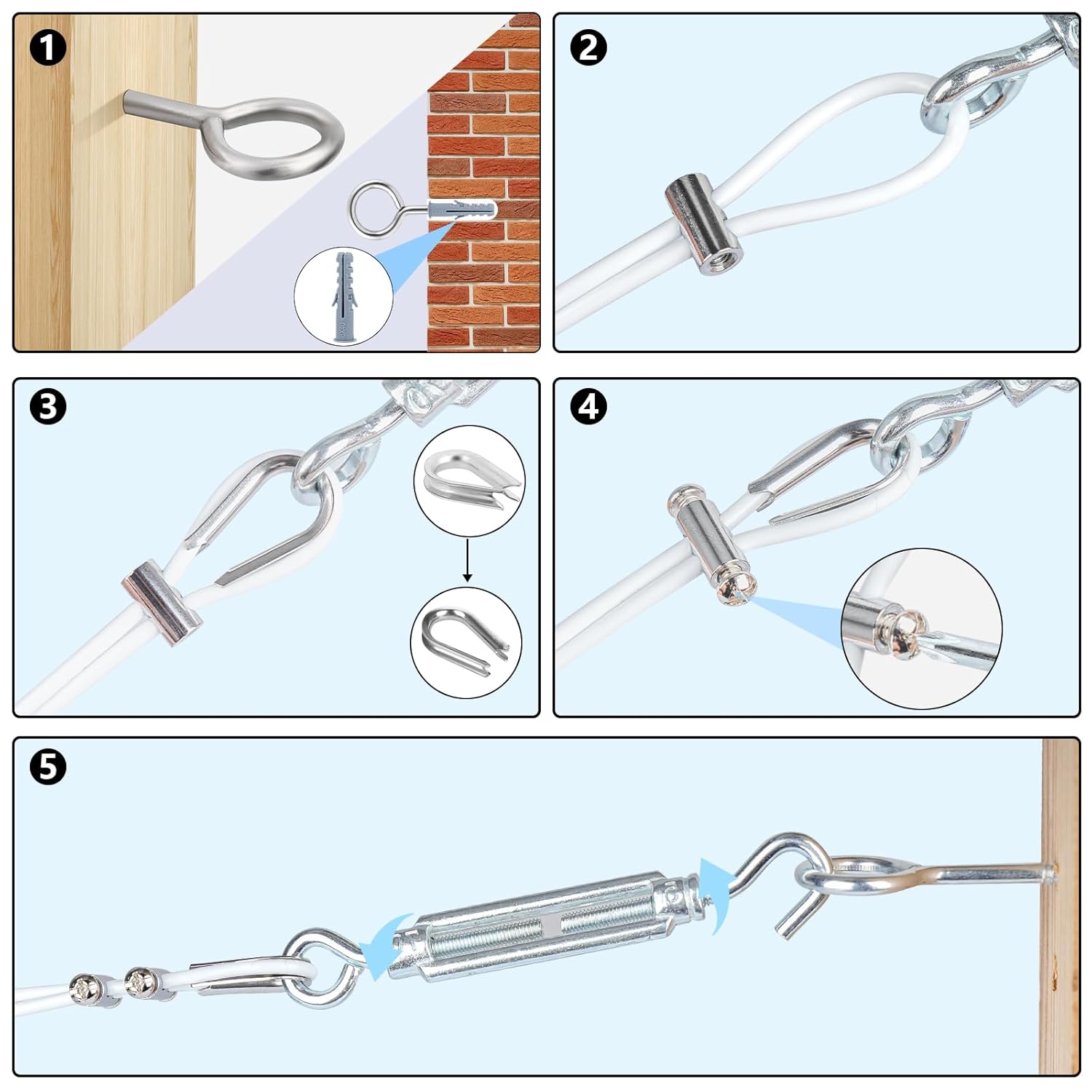 Turnbuckles for Cables Wire, 1/8" X 100Ft White PVC Coated Wire Rope Kit, Multi-use Steel Cable for
