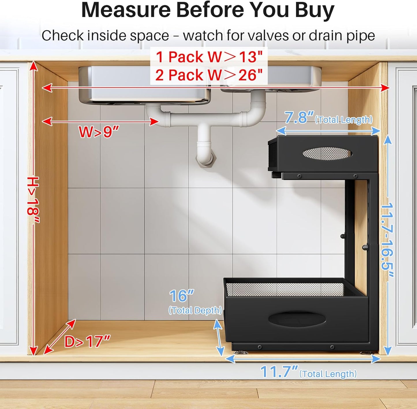 Under Sink Organizer, 2 Tier Pull Out Under Cabinet Organizer Shelf with Pad for Framed Cabinets