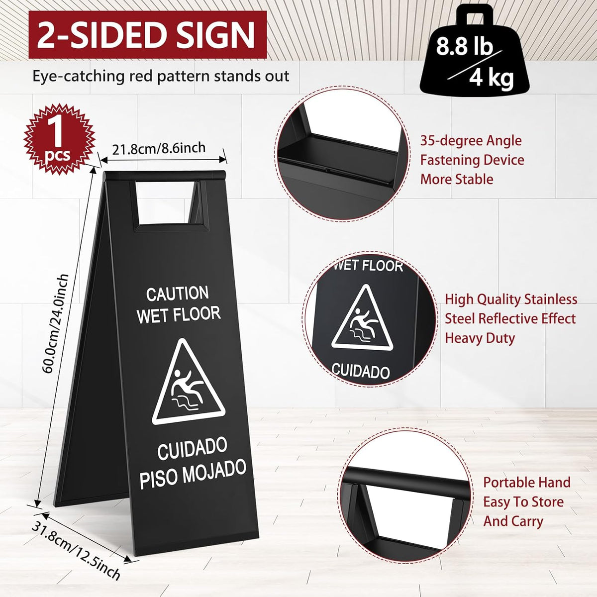 Stainless Steel Wet Floor Caution Sign Bulk 8.8 Pound Portable Foldable Handle Bilingual Safety
