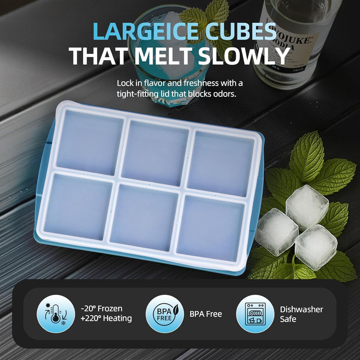 Large Ice Cube Trays for Whiskey (2 Pack) - Silicone Ice Cube Molds with Steel Frame Reinforcement