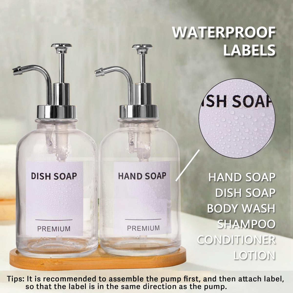12oz Dish Soap Dispenser for Kitchen, Hand Glass Soap Dispenser Set with Pump, Tray, Funnel for