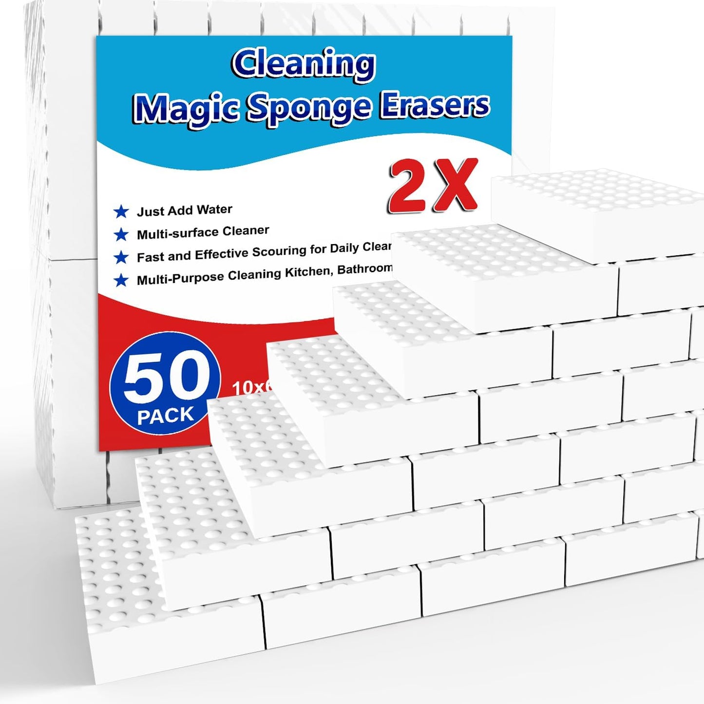 Magic Sponge Erasers, 50 Pack 2X Density Stronger Melamine Sponge Foam Pads, Multi-Functional