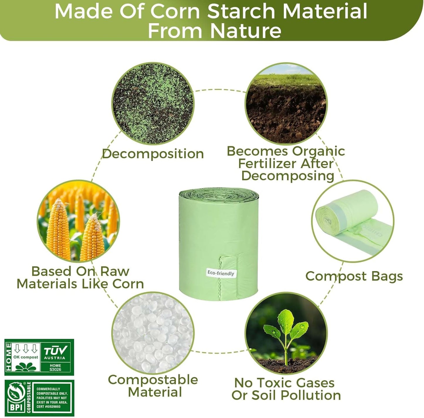 3 Gallon Compostable Trash Bags with Handle-Tie, Thick 0.67 Mil, 11.36 Liter, 80 Bags, Small