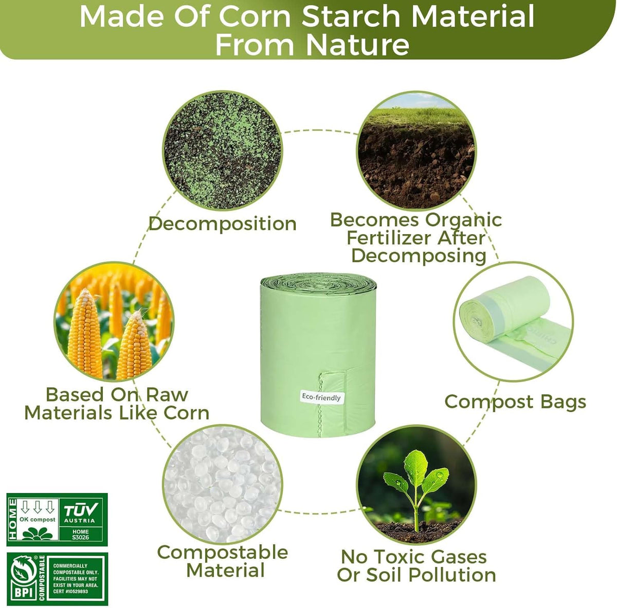 3 Gallon Compostable Trash Bags with Handle-Tie, Thick 0.67 Mil, 11.36 Liter, 80 Bags, Small